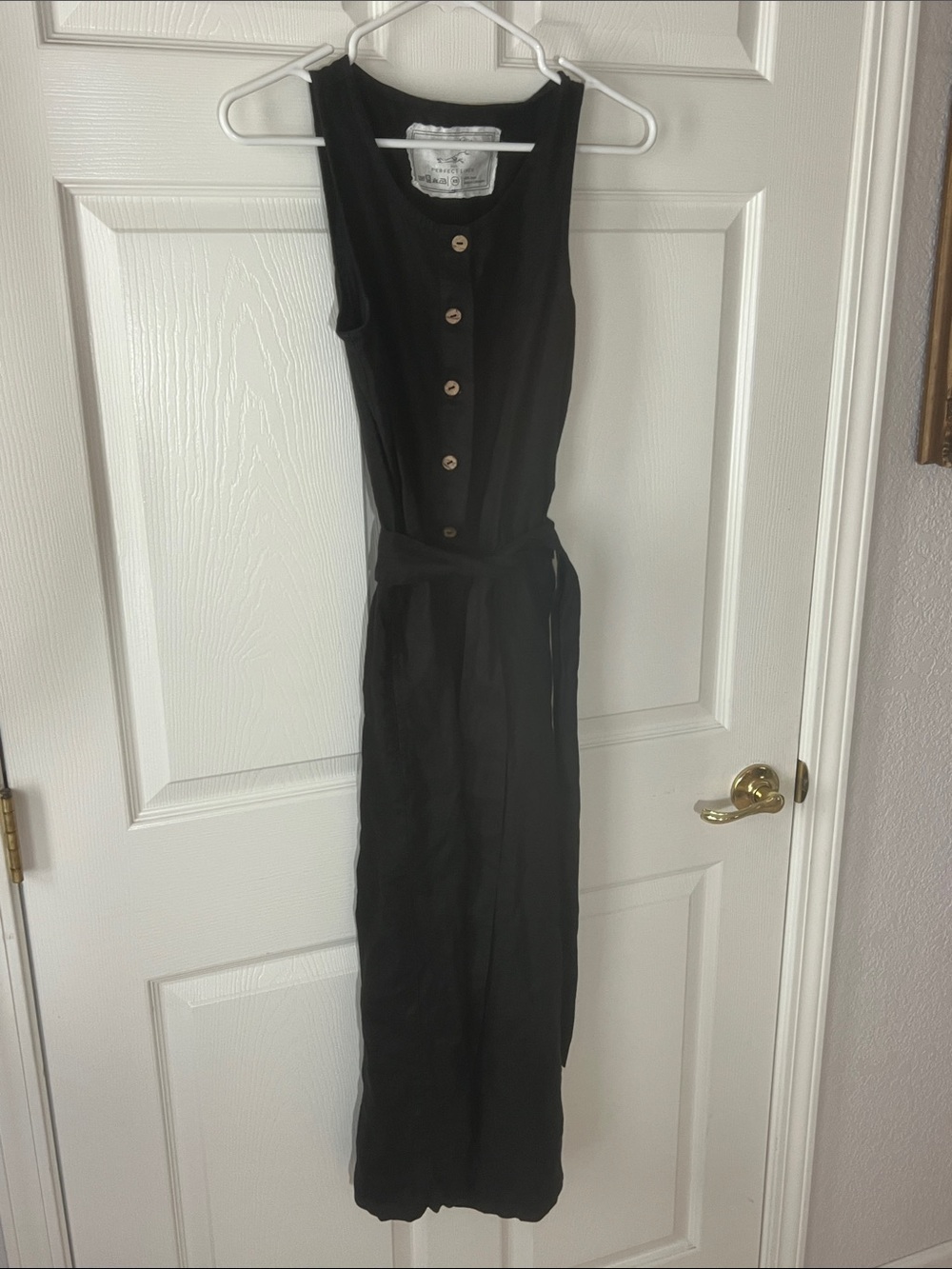 Not Perfect Linen‎ 100% Linen Black Sleeveless Button-Front Maxi Jumpsuit, Sz XS